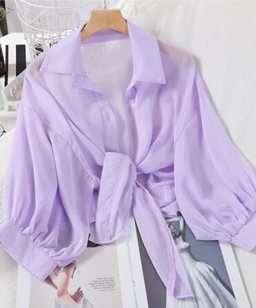Women Summer Bat Half Sleeve Chiffon Shirt Casual Loose Button Hollow White Clothes Elegant Solid Color Tied Waist Blouse 9776