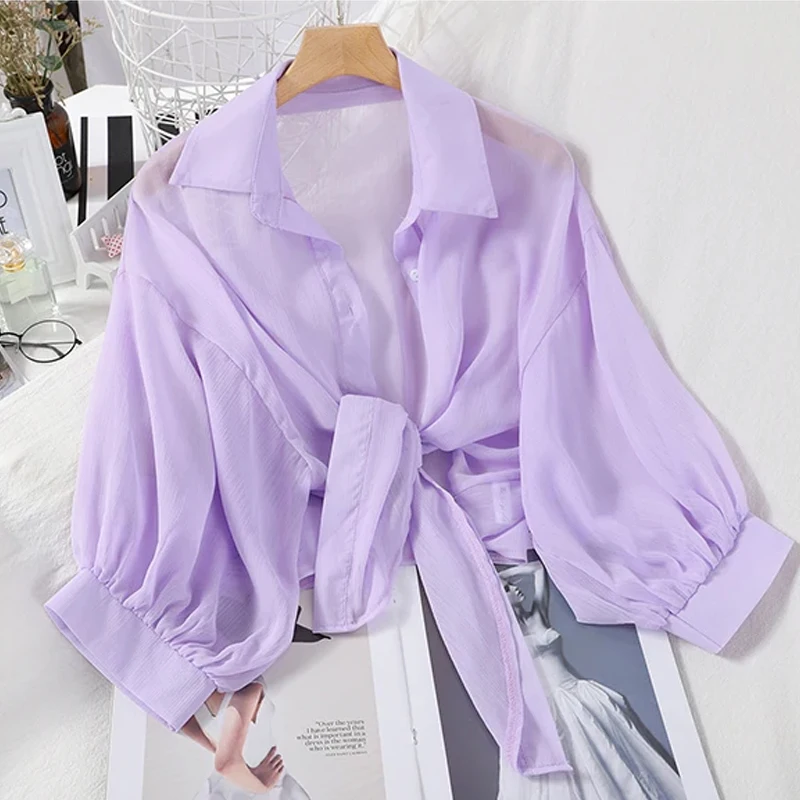 Women Summer Bat Half Sleeve Chiffon Shirt Casual Loose Button Hollow White Clothes Elegant Solid Color Tied Waist Blouse 9776
