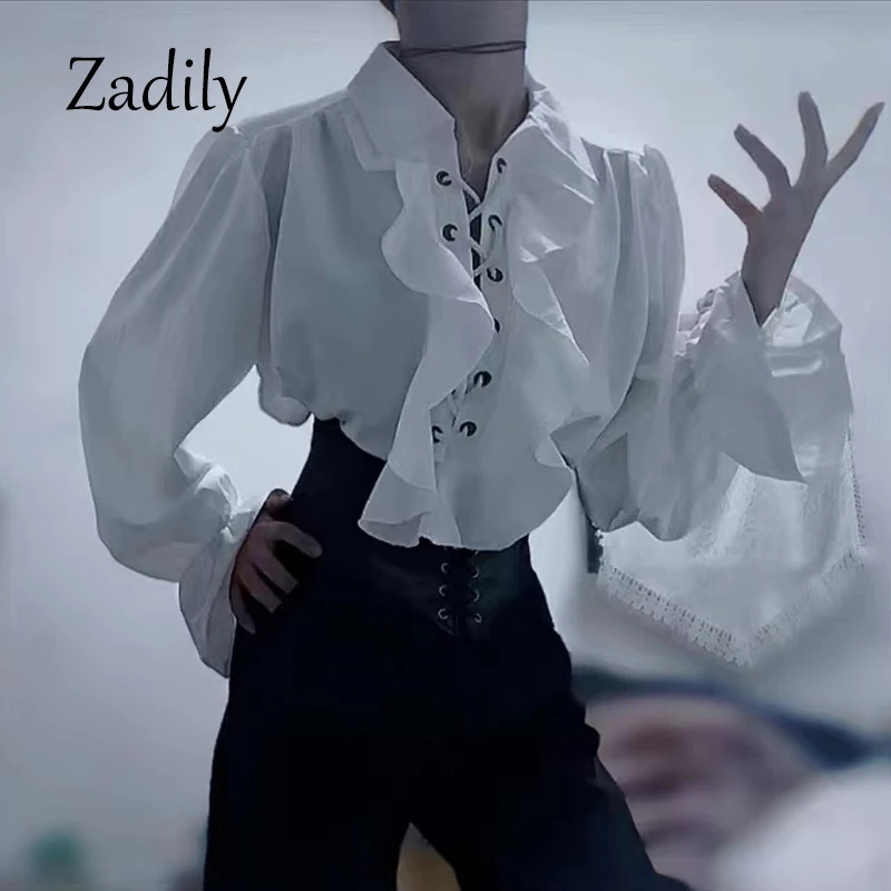 Victorian Style Women's Gothic Blouse Vintage Renaissance Pirate Prince Poet Shirt with Frills Lace-Up Medieval Buccaneer Top