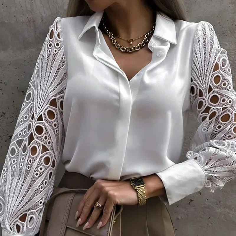 Women's Blouse White blank Elegant V-neck Lace Sleeve Cut-out Patchwork Office Commuter Black Shirt For Female - Image 4