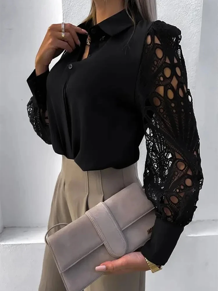 Women's Blouse White blank Elegant V-neck Lace Sleeve Cut-out Patchwork Office Commuter Black Shirt For Female - Image 5
