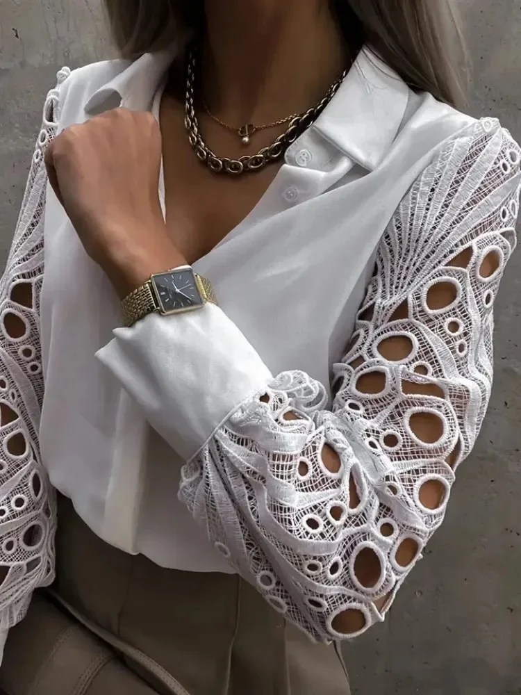 Women's Blouse White blank Elegant V-neck Lace Sleeve Cut-out Patchwork Office Commuter Black Shirt For Female - Image 6