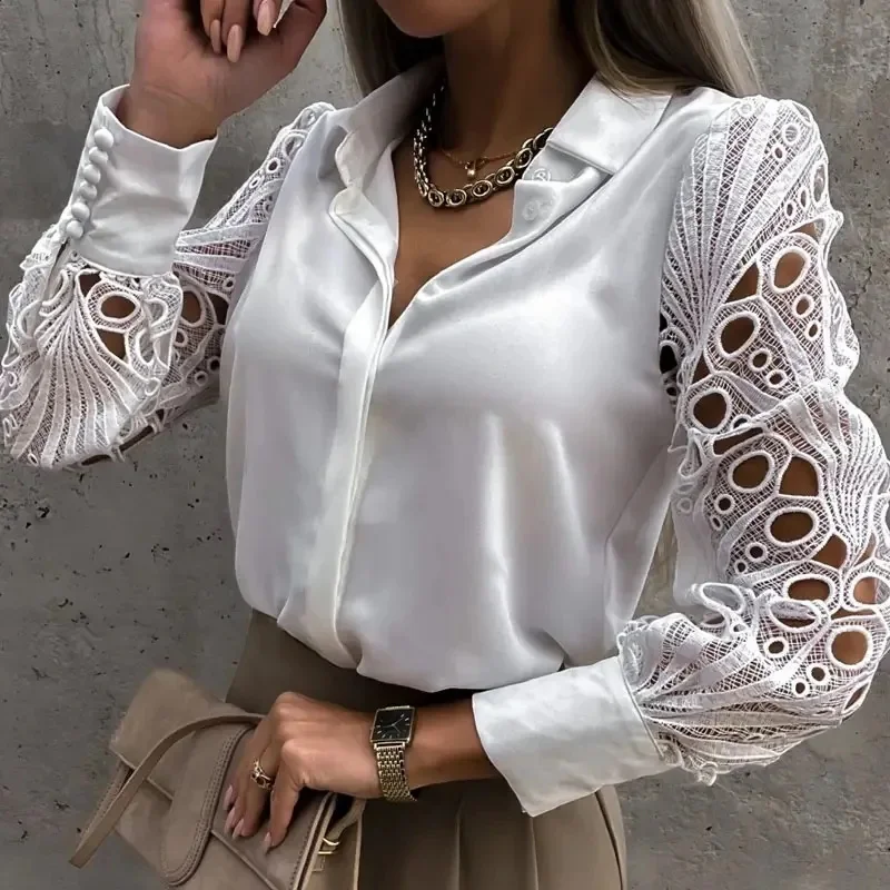 Women's Blouse White blank Elegant V-neck Lace Sleeve Cut-out Patchwork Office Commuter Black Shirt For Female - Image 3