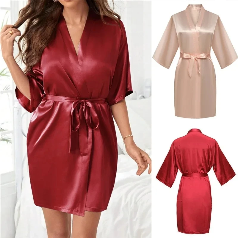 Women Silk Satin Short Night Robe Solid Kimono Robe Fashion Bath Robe Bathrobe Peignoir Femme Wedding Bride Bridesmaid Robe - Image 6