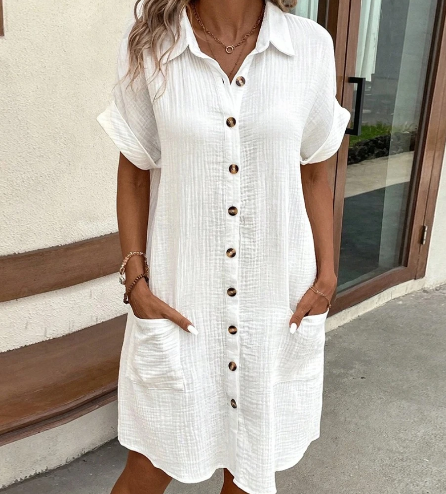 Vintage Women Solid Mini Dress Summer Fashion V-neck Three Quater Sleeve Cotton Linen Dress Ladies Casual Holiday Vestidos
