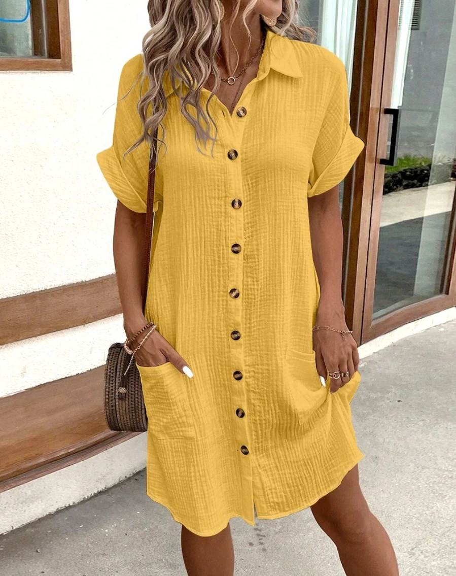 Vintage Women Solid Mini Dress Summer Fashion V-neck Three Quater Sleeve Cotton Linen Dress Ladies Casual Holiday Vestidos - Image 5