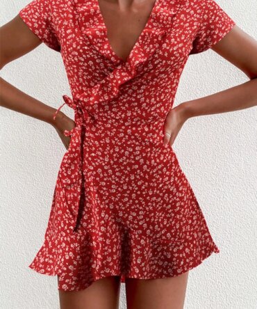 Summer Women’s Floal A-Line Dress Sweet Elegant Floral Ruffles V-neck Bandage Short Dress for Lady Chic Flowers Mini Dress