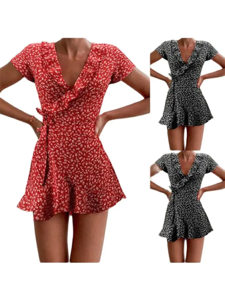 Summer Women’s Floal A-Line Dress Sweet Elegant Floral Ruffles V-neck Bandage Short Dress for Lady Chic Flowers Mini Dress - Image 6