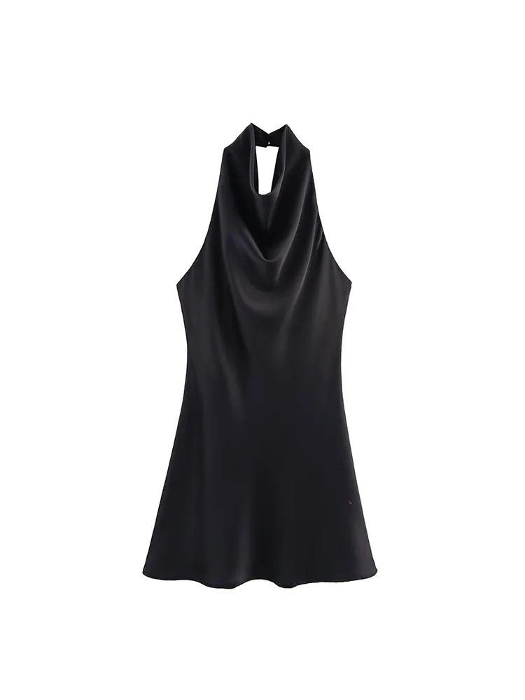 2025 Women Summer Halter Mini Dress Fashion Satin Backless Solid Female Elegant Street Party Dresses Clothing
