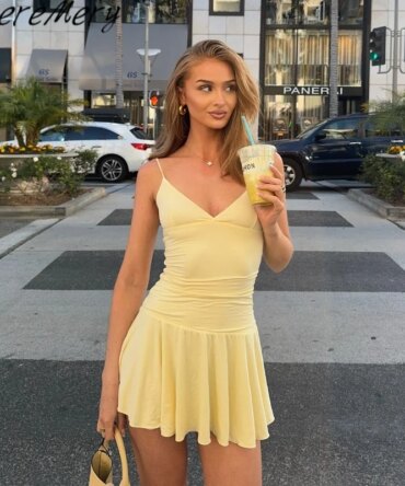 WhereMery Casual Solid Off Shoulder V-neck Slim A-line Dress  Fashion Sleeveless Streetwear Mini Dresses Summer New Vestidos