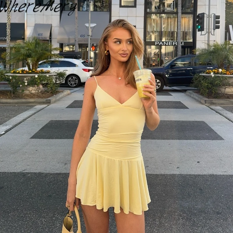 WhereMery Casual Solid Off Shoulder V-neck Slim A-line Dress Fashion Sleeveless Streetwear Mini Dresses Summer New Vestidos