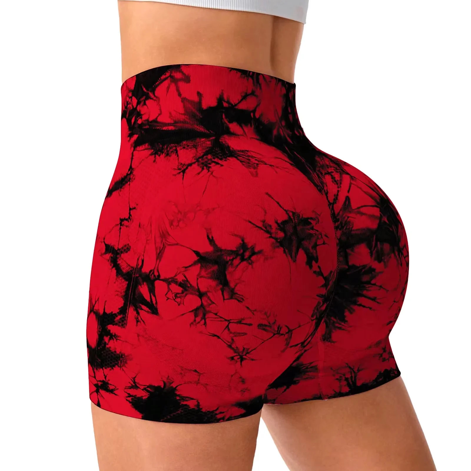2pcs Women's High-Waist Tie-Dye Yoga Shorts - Seamless, Booty Lifting, Stretchy Nylon & Spandex Blend, Red & Grey - Image 3