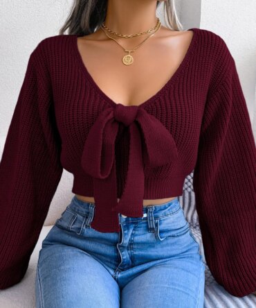 Women Y2K Bow Tie V Neck Bodycon Cropped Pullover Sweater Long Sleeve Fall Winter Solid Knit Top