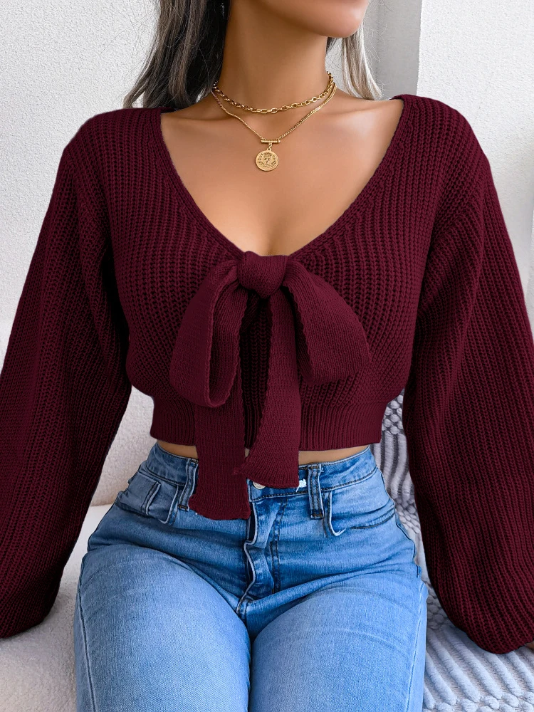 Women Y2K Bow Tie V Neck Bodycon Cropped Pullover Sweater Long Sleeve Fall Winter Solid Knit Top