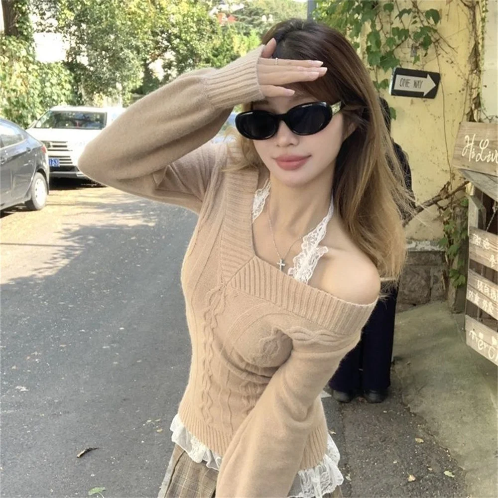 Fashion Vintage V-neck Knitted Tops Women 2025 Early Autumn New Sweaters Pullover Slim Long Sleeve Pullovers Gray Sweaters - Image 6