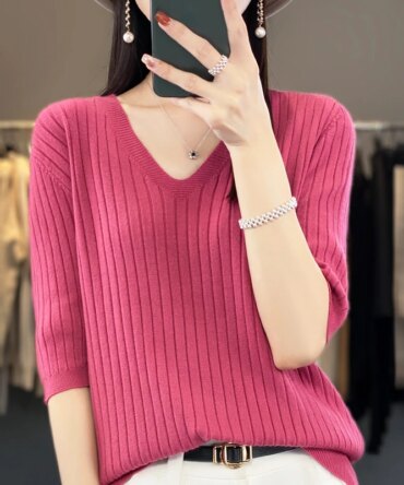 Women's Sweater Spring Summer Short Sleeve V-neck Knit Shirt Casual Korean Pullovers Stripe Bottoming Shirt Slim Fit Jumpers