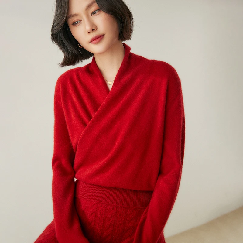 2021 Autumn New 100% Pure Cashmere Knitted Sweater Women High Quality V-Neck Pullover Female Winter Fashion Clothes Girls Tops - Image 5