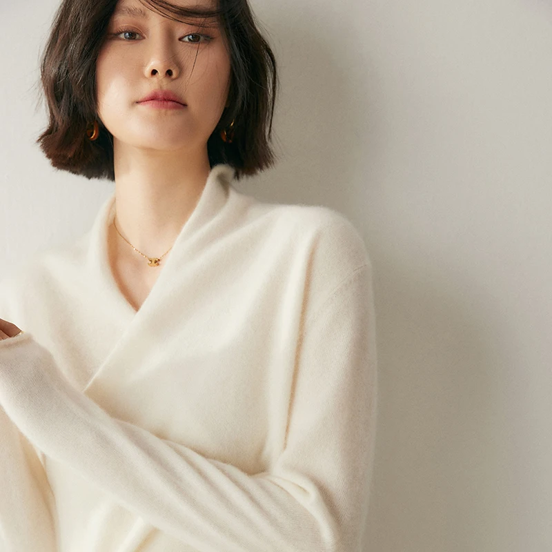 2021 Autumn New 100% Pure Cashmere Knitted Sweater Women High Quality V-Neck Pullover Female Winter Fashion Clothes Girls Tops - Image 4