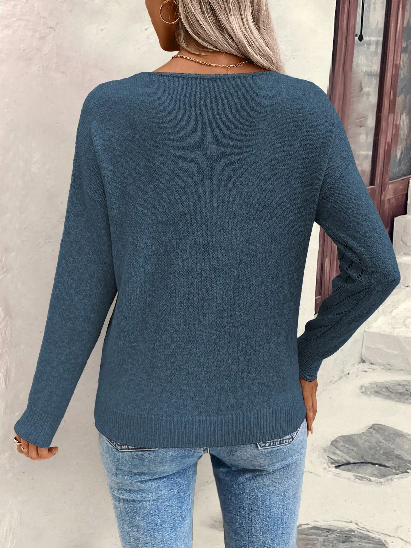 V-neck knitted off shoulder spring and autumn women's sweater can be worn externally - Image 2
