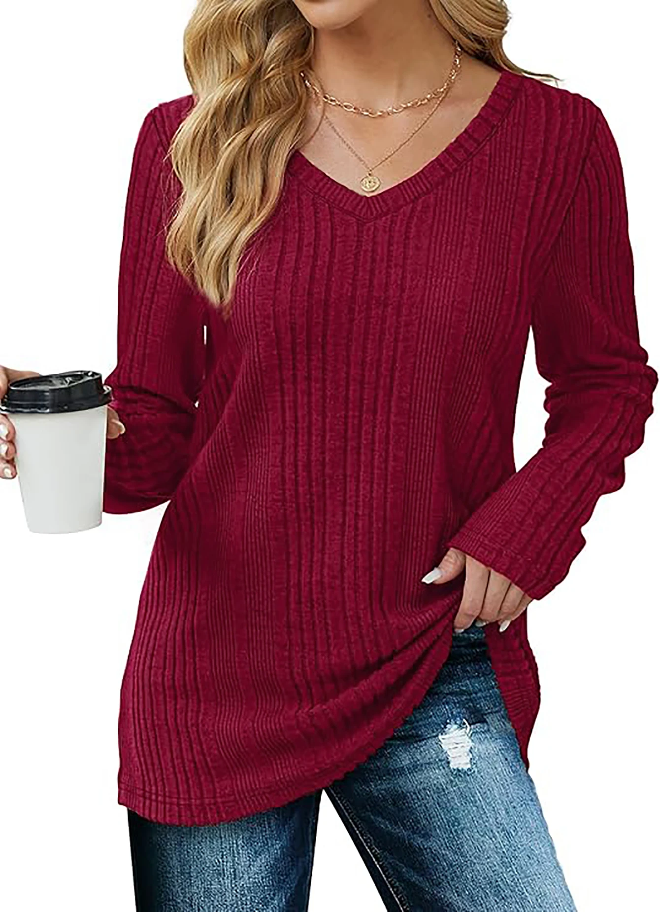 Women's knitted sweater V-neck versatile top long sleeve 2024 autumn and winter style wine red loose inner T-shirt - Image 3