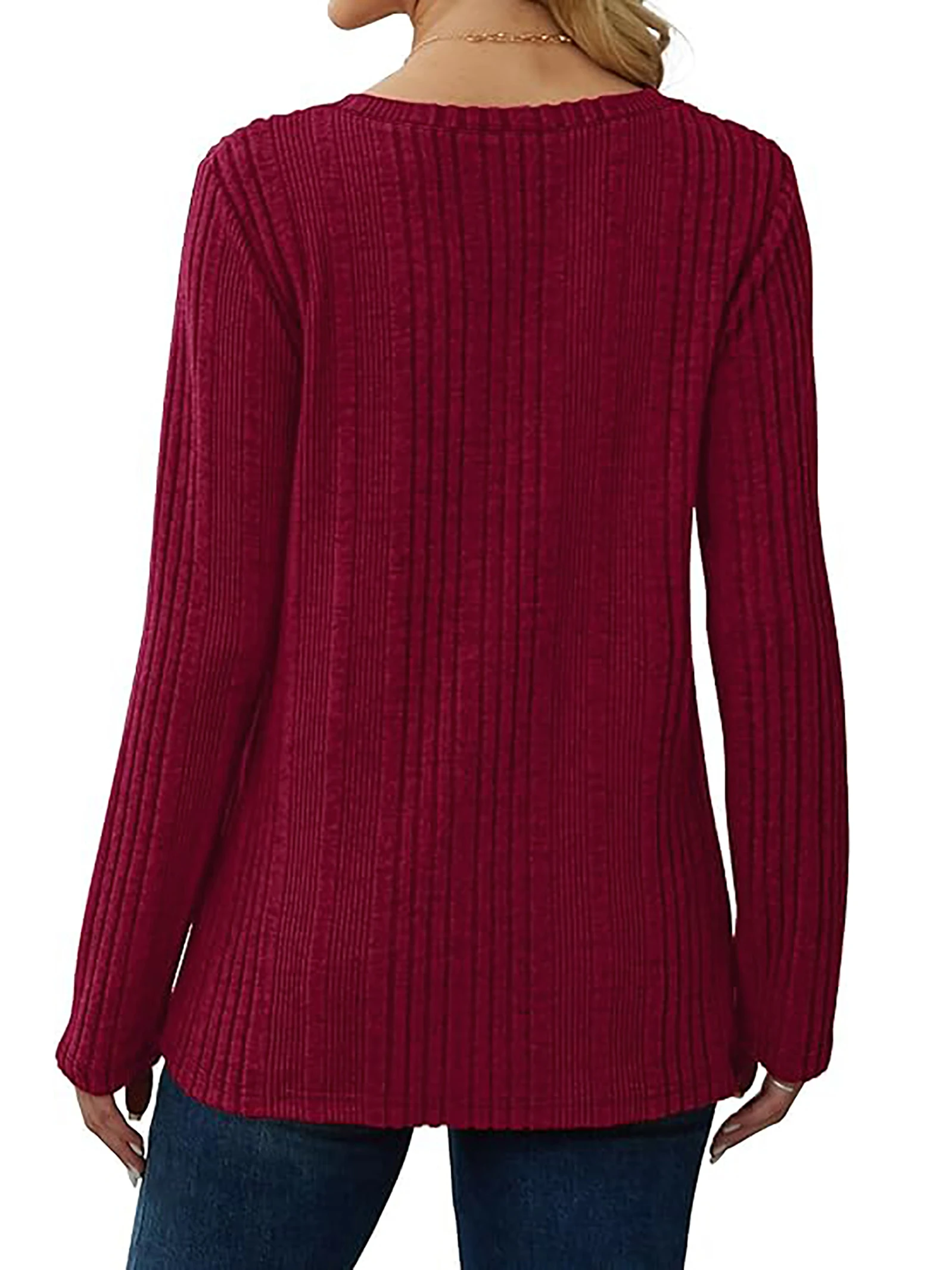 Women's knitted sweater V-neck versatile top long sleeve 2024 autumn and winter style wine red loose inner T-shirt - Image 4