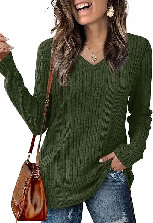 Women's knitted sweater V-neck versatile top long sleeve 2024 autumn and winter style wine red loose inner T-shirt - Image 5