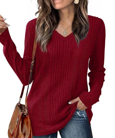 Women's knitted sweater V-neck versatile top long sleeve 2024 autumn and winter style wine red loose inner T-shirt