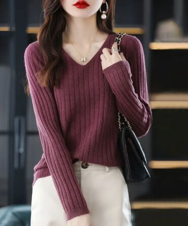 Women Sweater Long Sleeve Top Knitted Pullover V-Neck Fashion Sweater Woman Winter 2022 Basic Female Clothing Soild OL Sweaters