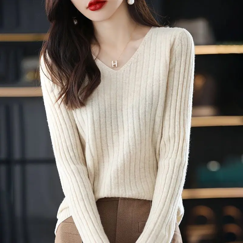 Women Sweater Long Sleeve Top Knitted Pullover V-Neck Fashion Sweater Woman Winter 2022 Basic Female Clothing Soild OL Sweaters - Image 3