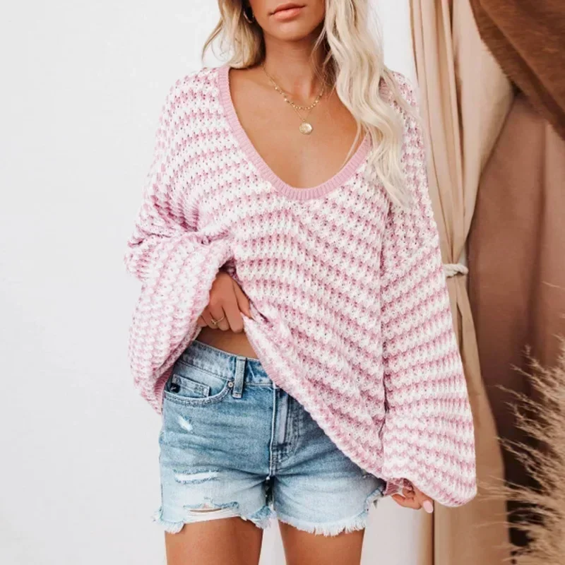 Women Pullover Sweater Casual Knitted Korean Fashion Loose V Neck Jumpers Female Striped Print Winter Tops Autumn 2025 Knitwear - Image 6