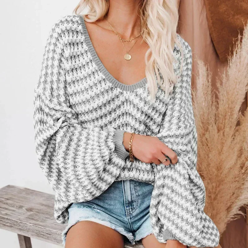 Women Pullover Sweater Casual Knitted Korean Fashion Loose V Neck Jumpers Female Striped Print Winter Tops Autumn 2025 Knitwear - Image 5