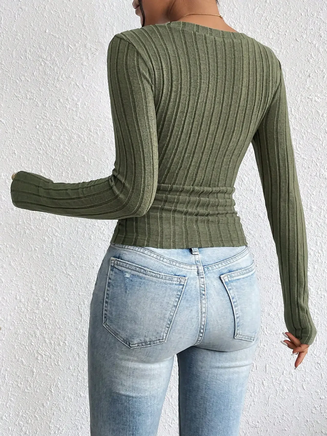 Spring and summer V-neck solid-color knitted slim-fit pullover long-sleeved T-shirt top