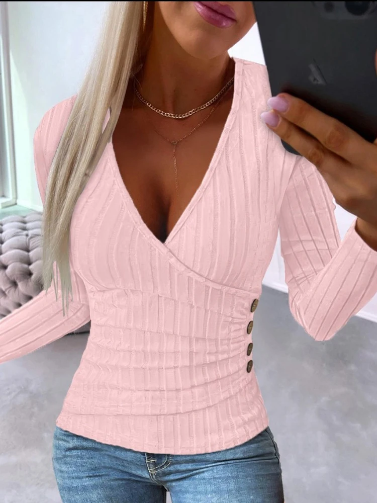 Autumn Women V Neck Button Long Sleeve Knitted Pullover T-shirt Tops SZE-ST23285 - Image 3