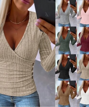 Autumn Women V Neck Button Long Sleeve Knitted Pullover T-shirt Tops SZE-ST23285