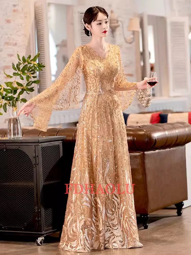 2025 Gold Sequin Mother Of The Bridal Dresses Elegant V-Neck A-Line Floor-Length Long Wedding Party Gowns Customized - Image 3