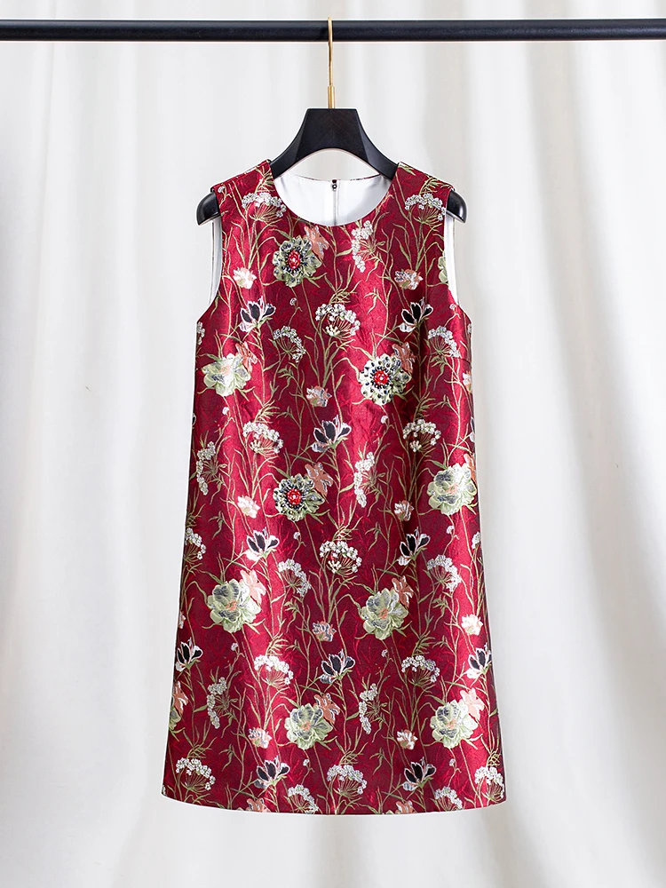 Elegant Red Jacquard Dress Women Summer Sleeveless Vest Dress Beaded Embroidery Luxury Banquet Wedding Party Formal Dresses