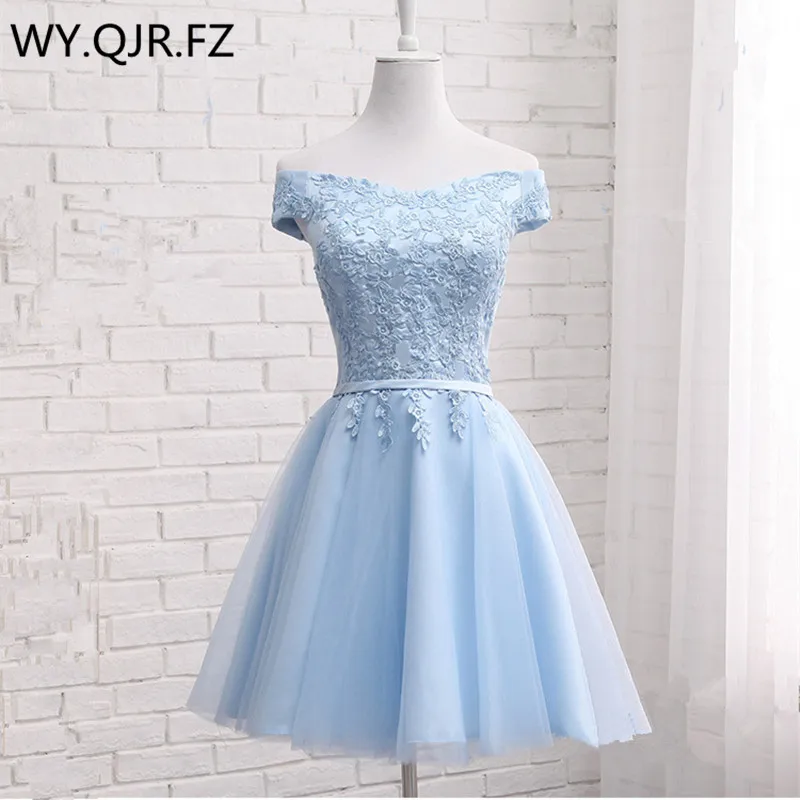 WYHS-70#Blue Short Boat Neck Lace up Bridesmaid Dresses 2025 summer new wedding party prom dress girls cheap Custom wholesale