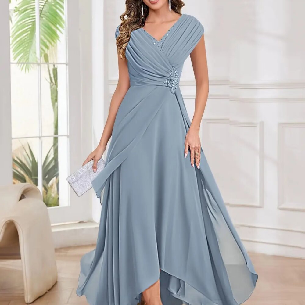 Lace Appliqued Mother of The Bride Dresses Cap Sleeves Ruched Hi-Lo Evening Gown for Wedding V Neck Pleated Formal Evening Dress