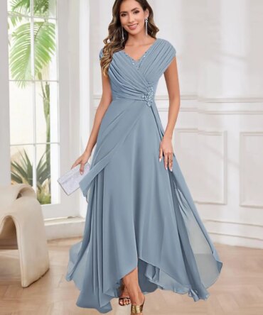 Lace Appliqued Mother of The Bride Dresses Cap Sleeves Ruched Hi-Lo Evening Gown for Wedding V Neck Pleated Formal Evening Dress