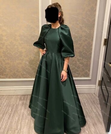Dark Green Satin Bridesmaid Dress for Women A-line Round Neck Balloon Sleeve Prom Evening Gown Long Custom Wedding Party Dress