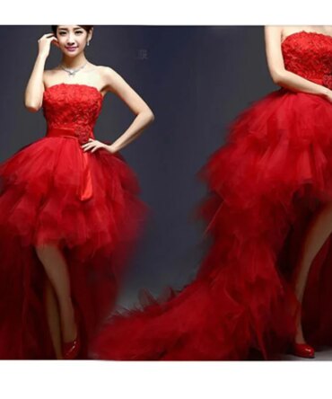 New red ruffle lady girl women princess bridesmaid banquet party ball dress gown