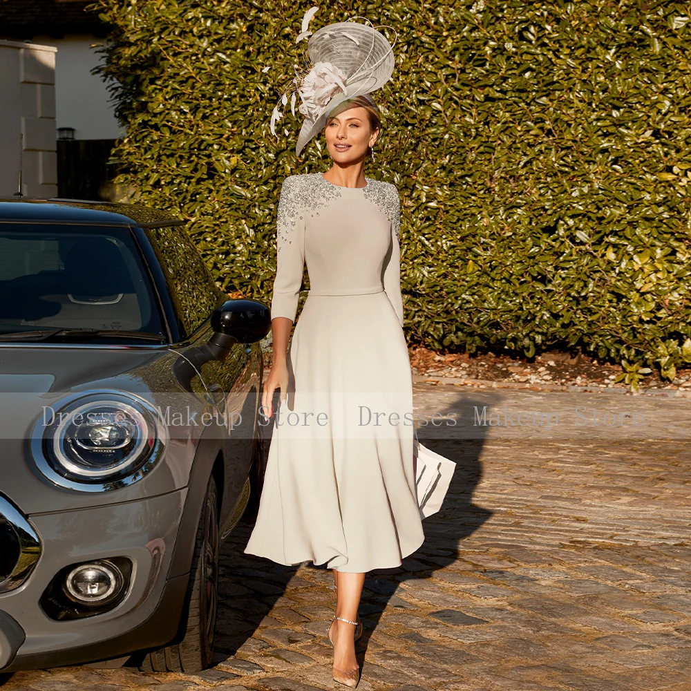 Hot Pink Wedding Guest Dresses for Women 3/4 Sleeves Crystal Luxury Mother of the Bride Dress Midi A Line Belt O Neck Party Gown - Image 3