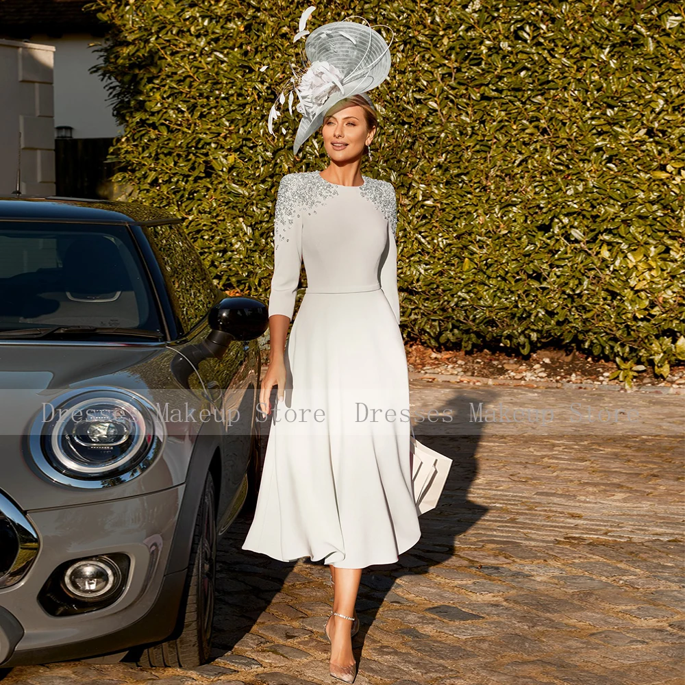 Hot Pink Wedding Guest Dresses for Women 3/4 Sleeves Crystal Luxury Mother of the Bride Dress Midi A Line Belt O Neck Party Gown - Image 4