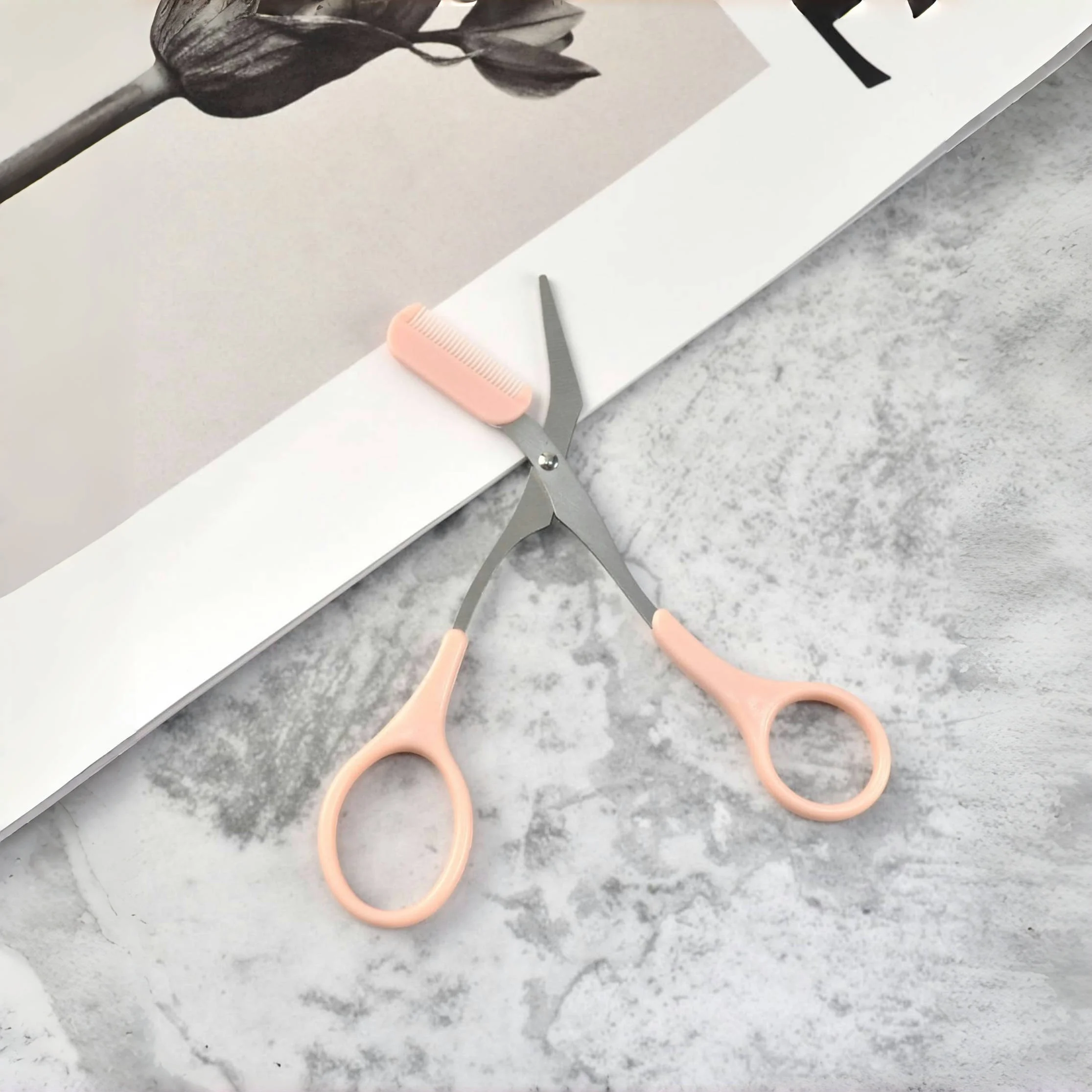 Pink eyebrow trimming scissors with built-in comb - stainless steel, precise grooming tool, creating perfect eyebrows - Image 6