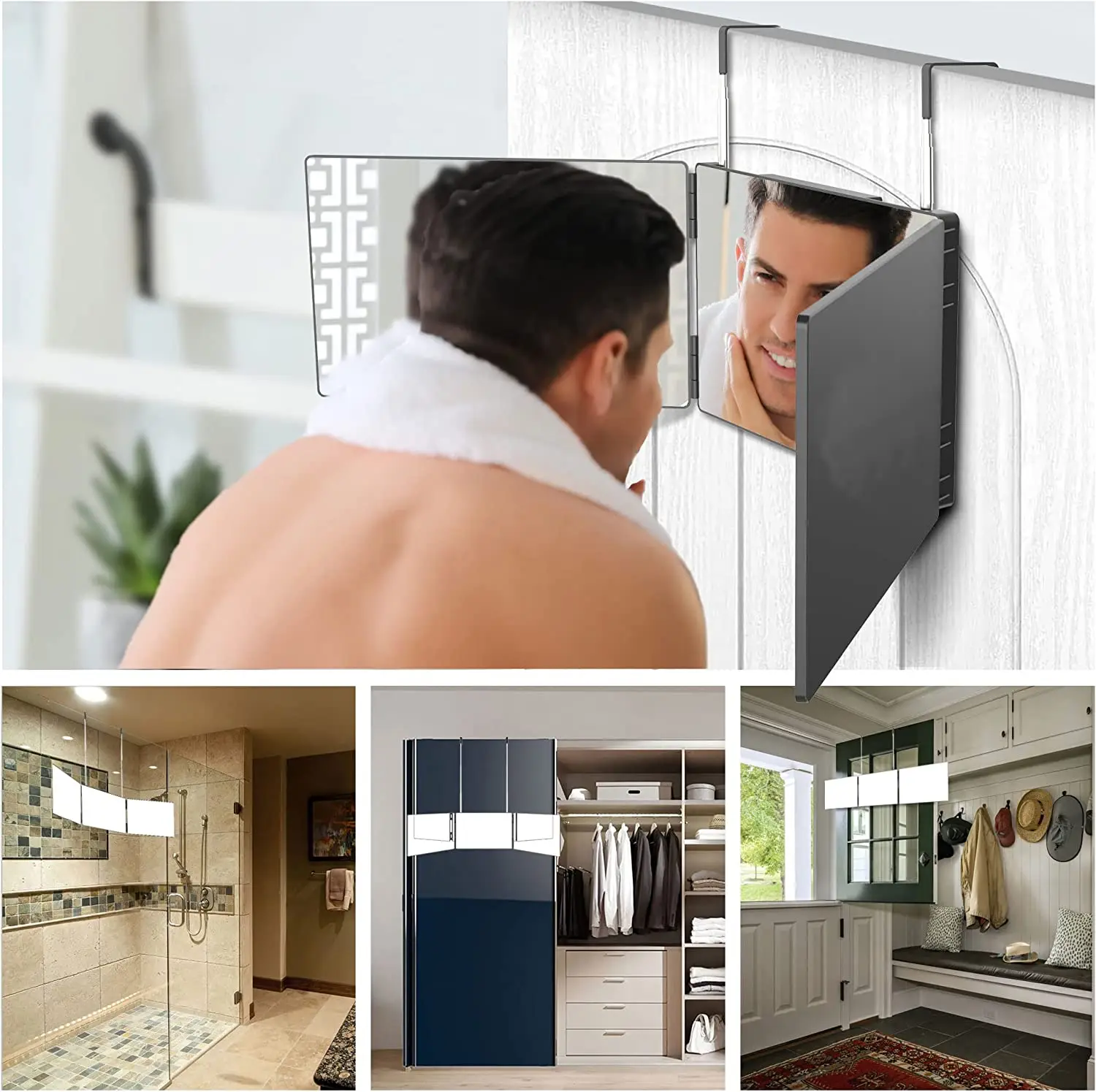 S Travel Portable 360 Trifold Vanity Makeup Mirror with Height Adjustable Telescoping Hook for Hair Self Cutting Fordable Mirror - Image 5