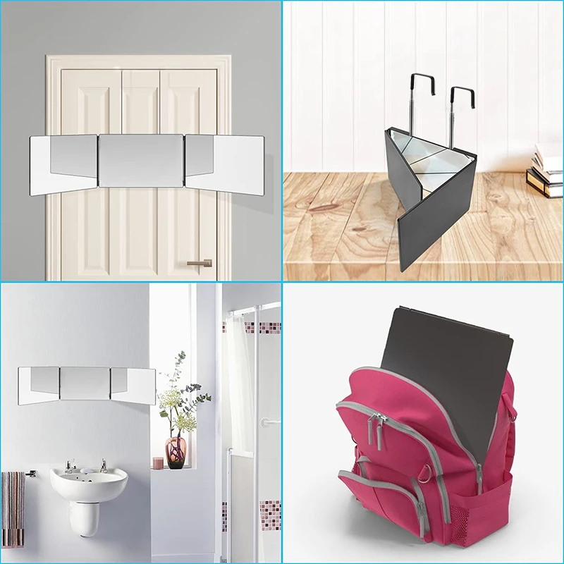 S Travel Portable 360 Trifold Vanity Makeup Mirror with Height Adjustable Telescoping Hook for Hair Self Cutting Fordable Mirror - Image 6