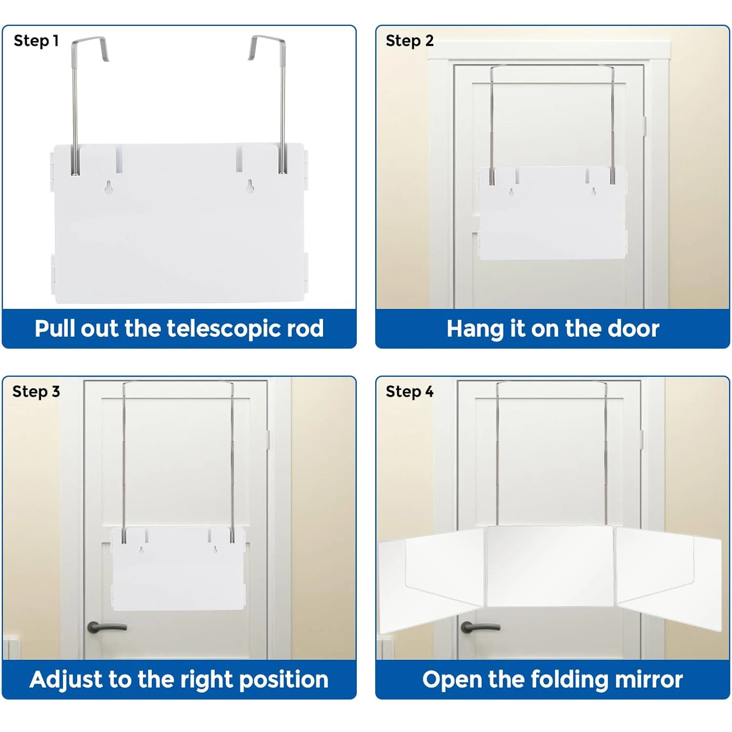 Trifold Shaving Mirror with Height Adjustable Telescoping Hooks for Self Hair Cutting Makeup Essential Fordable Portable White - Image 6