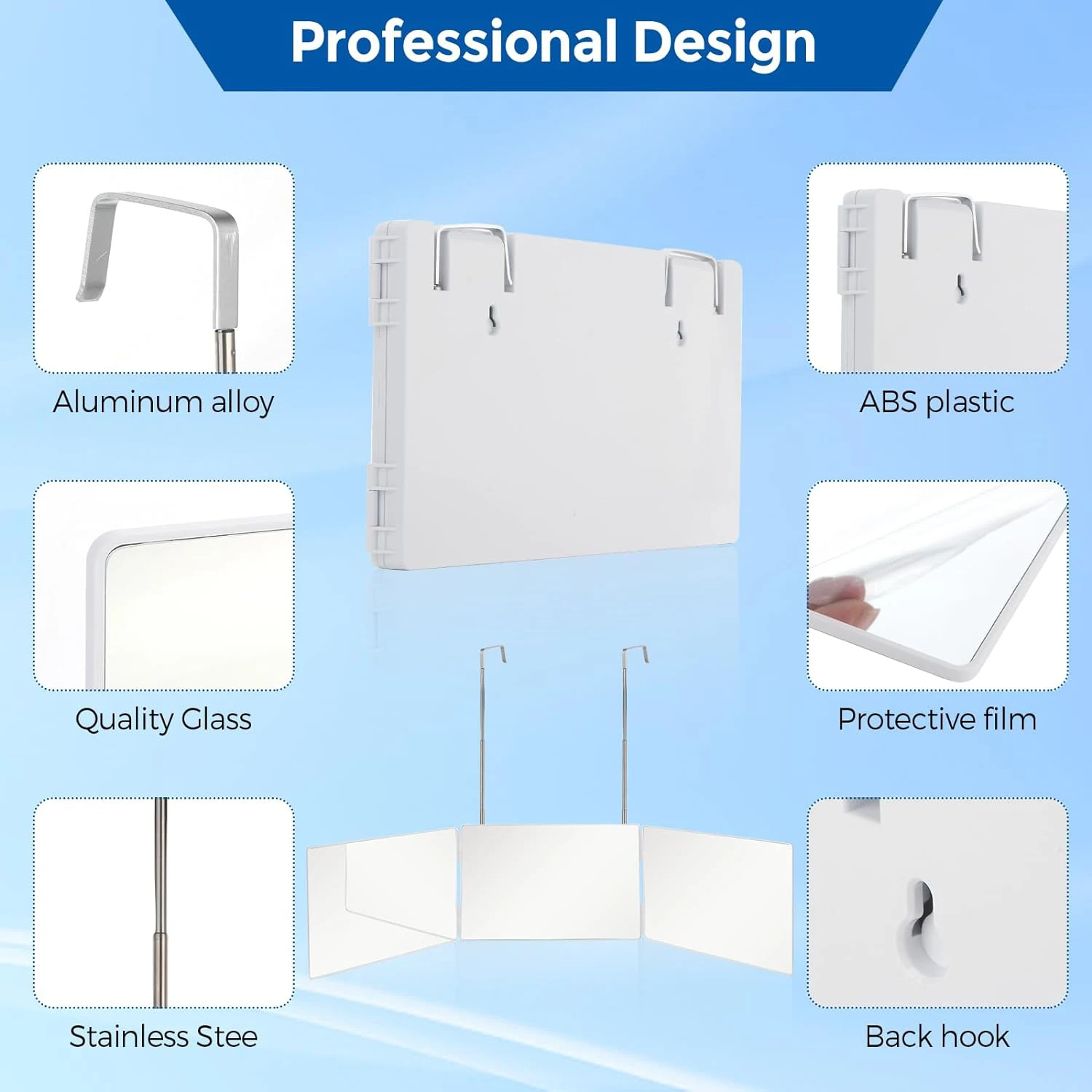 Trifold Shaving Mirror with Height Adjustable Telescoping Hooks for Self Hair Cutting Makeup Essential Fordable Portable White - Image 3