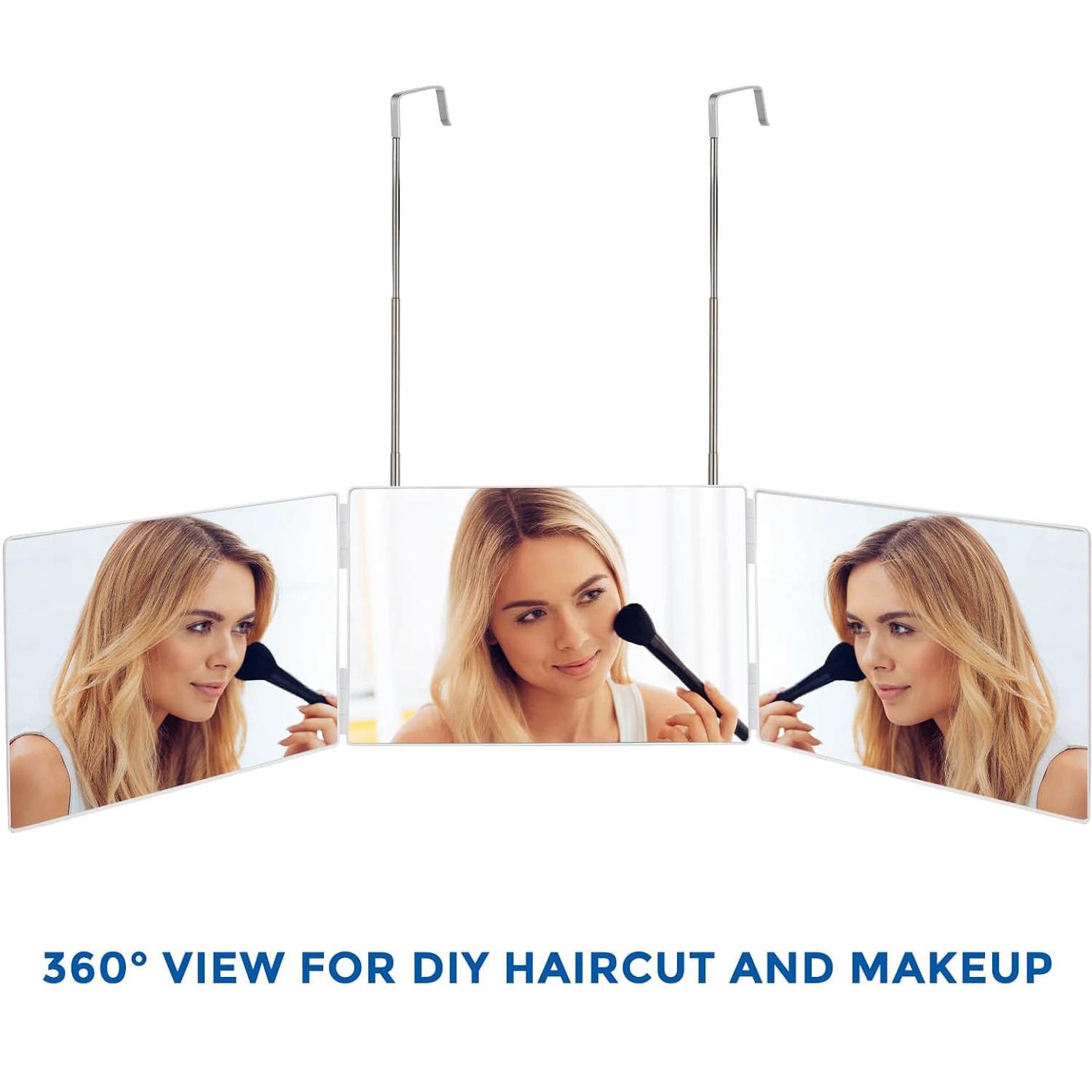 Trifold Shaving Mirror with Height Adjustable Telescoping Hooks for Self Hair Cutting Makeup Essential Fordable Portable White - Image 2