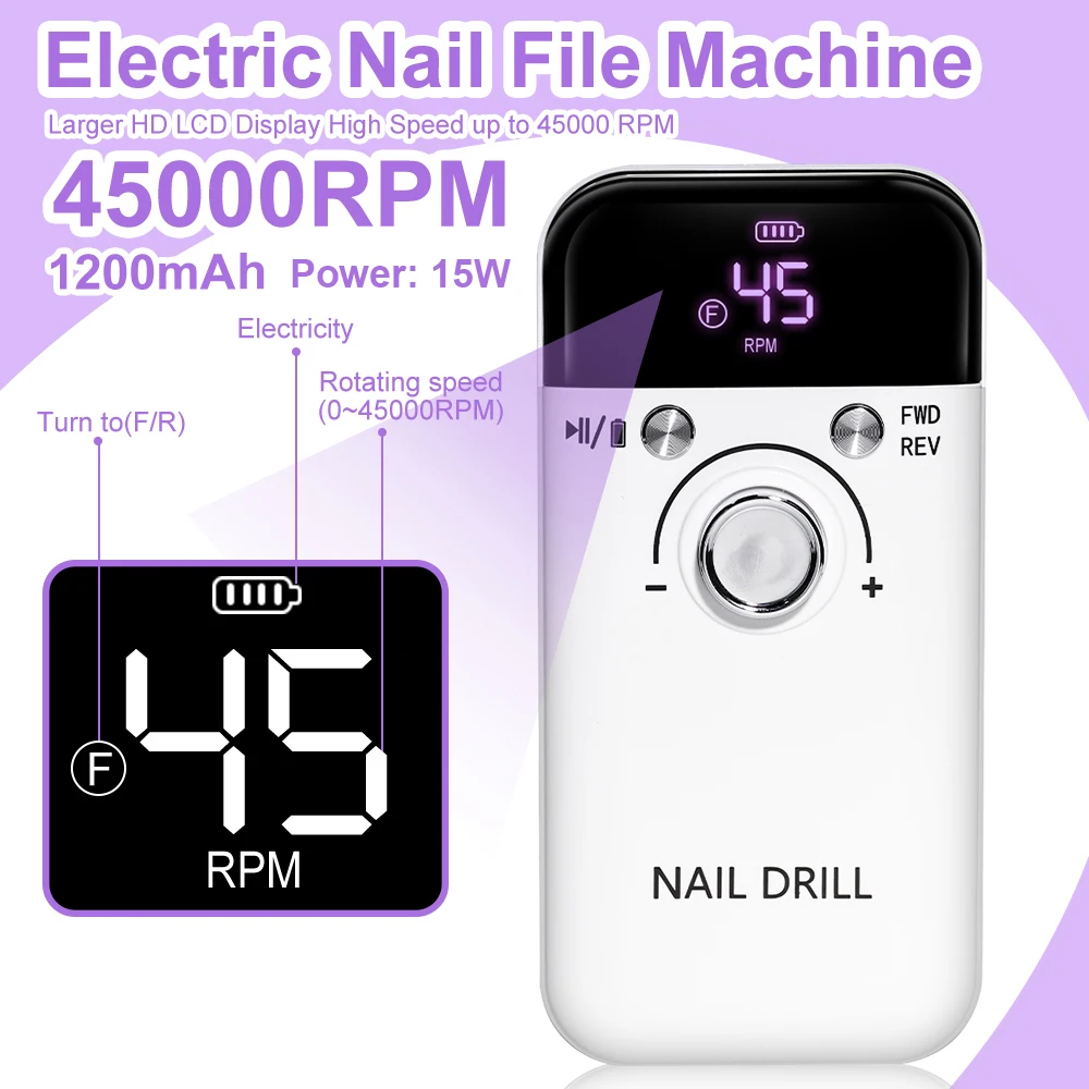 Nail Drill 45000 RPM Rechargeable Nails Electric File for Acrylic Gel Removing & Polishing Gel for Home/Salon Manicure Pedicure - Image 3